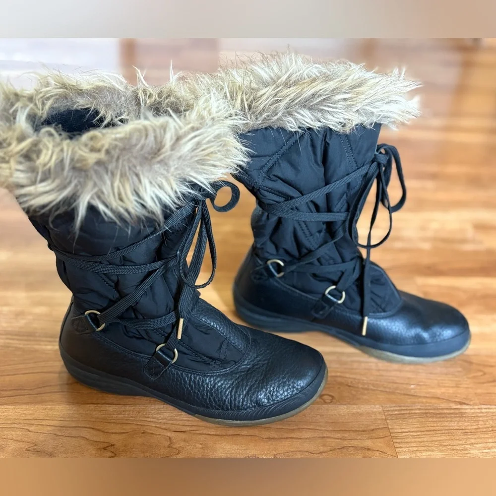 Women's Lands End Black Faux Fur Trim Lace Up Winter Boots Sz 7B Rubber Sole